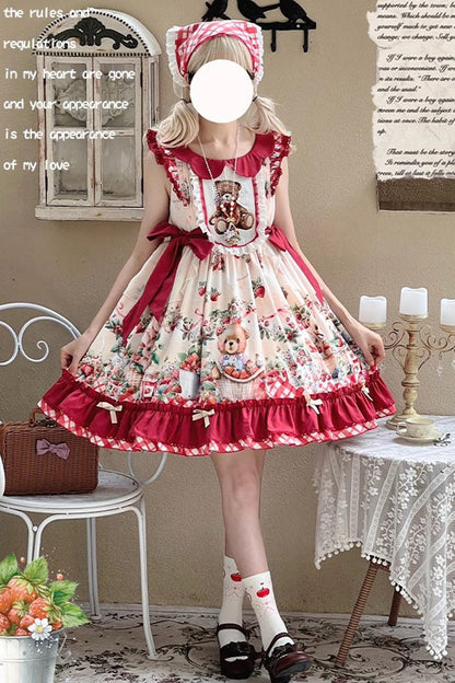 Lolita Dress - December Strawberry Bear, Red, Sweet Style, Bow Detail, Ruffled - main product image