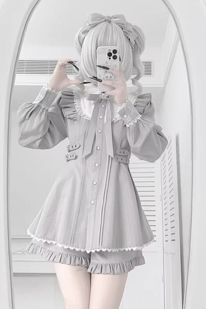 Lolita Dress - Doll Collar, Gray, Long Sleeves, Sweet Style, Ruffled - main product image