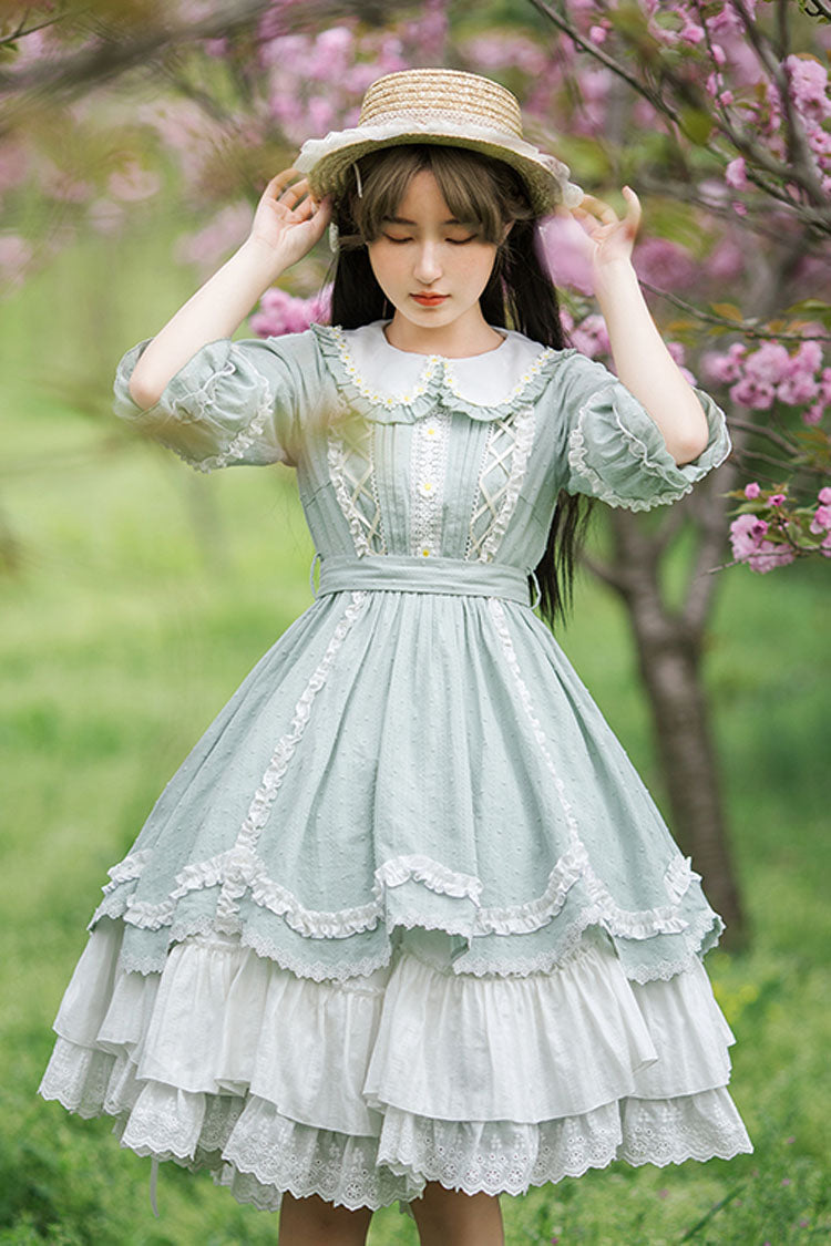 Lolita Dress - Doll Collar Lantern Half Sleeves, Green, Layered, Sweet Style, Lace Trim - additional product view 2