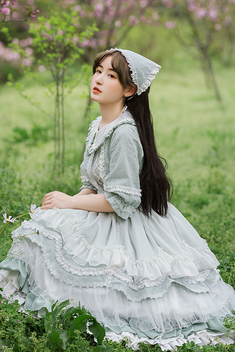 Lolita Dress - Doll Collar Lantern Half Sleeves, Green, Layered, Sweet Style, Lace Trim - additional product view 3