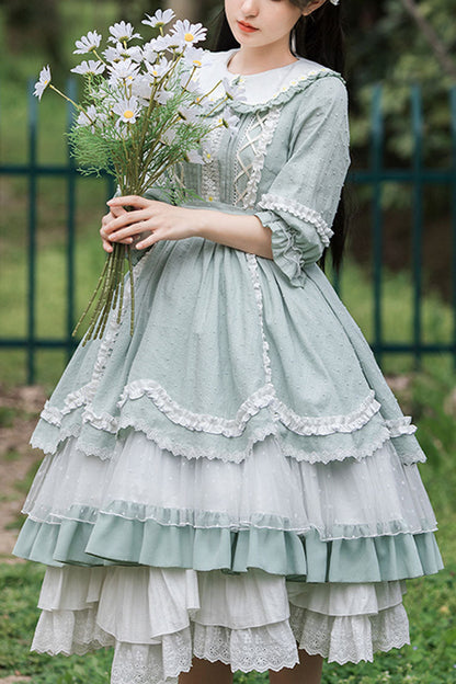 Lolita Dress - Doll Collar Lantern Half Sleeves, Green, Layered, Sweet Style, Lace Trim - main product image
