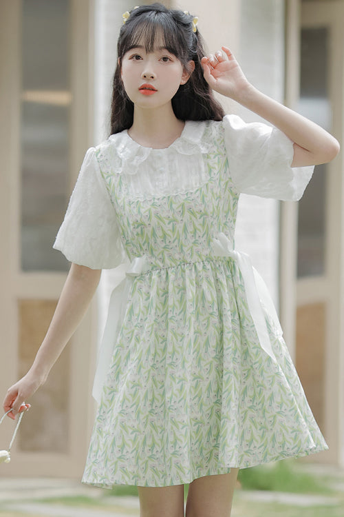 Lolita Dress - Doll Collar Puff, Green, High Waist, Printed, Sweet Style - additional product view 2