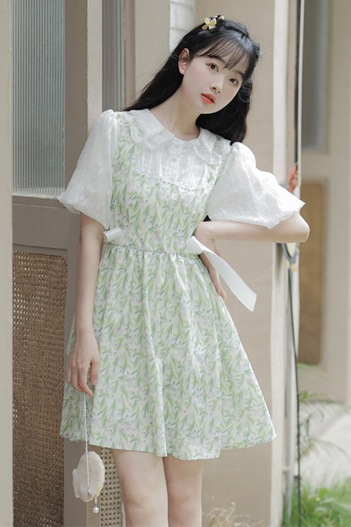 Lolita Dress - Doll Collar Puff, Green, High Waist, Printed, Sweet Style - additional product view 3