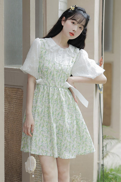 Lolita Dress - Doll Collar Puff, Green, High Waist, Printed, Sweet Style - additional product view 3