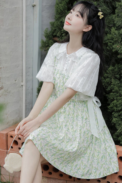 Lolita Dress - Doll Collar Puff, Green, High Waist, Printed, Sweet Style - additional product view 4