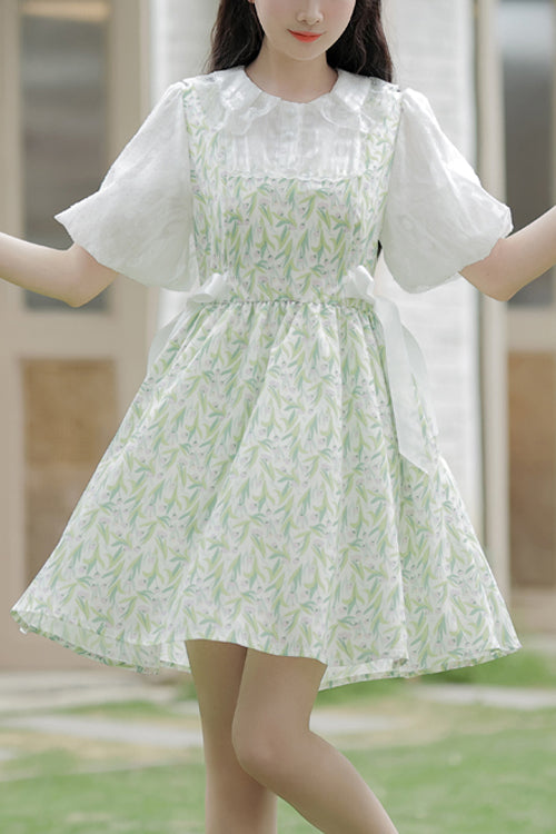 Lolita Dress - Doll Collar Puff, Green, High Waist, Printed, Sweet Style - main product image