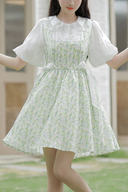 Lolita Dress - Doll Collar Puff, Green, High Waist, Printed, Sweet Style - main product image