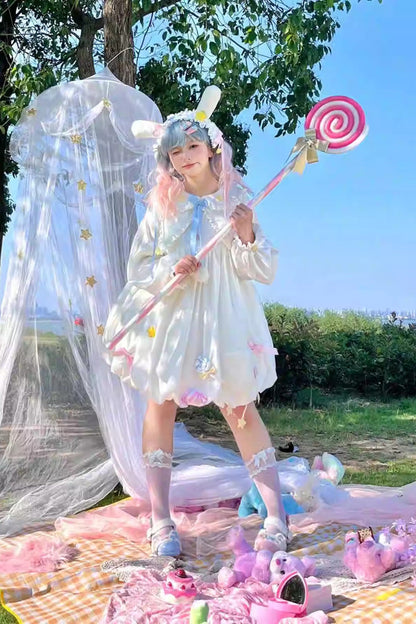 Lolita Dress - Doll Collar, White, Sweet Style, Bow Detail, Long Sleeves - additional product view 3