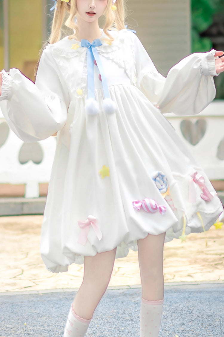 Lolita Dress - Doll Collar, White, Sweet Style, Bow Detail, Long Sleeves - main product image