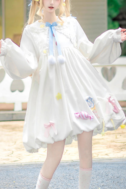 Lolita Dress - Doll Collar, White, Sweet Style, Bow Detail, Long Sleeves - main product image