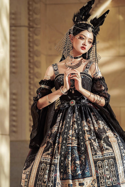 Lolita Dress - Dusk Best Egyptian Style Print, 3 Colors, Lace Trim, Ruffled, Printed - additional product view 12