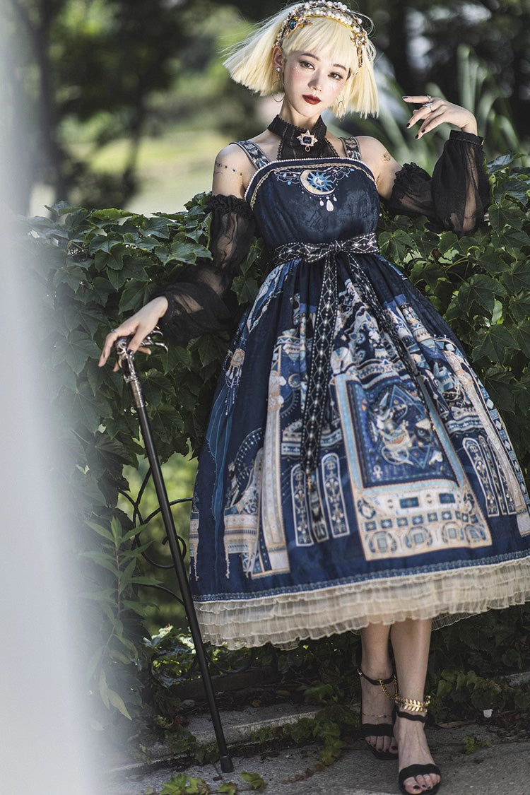 Lolita Dress - Dusk Best Egyptian Style Print, 3 Colors, Lace Trim, Ruffled, Printed - XS Blue / S Blue / M Blue option