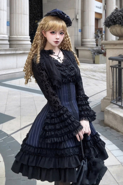 Lolita Dress - Escape, 3 Colors, Striped, Ruffled, Printed - Kawaii Statement Dress - S Blue / M Blue / L Blue option