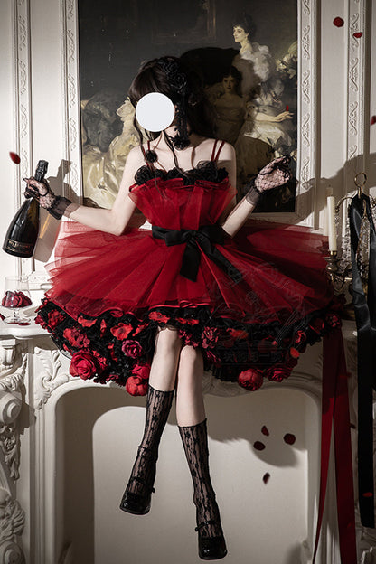 Lolita Dress - Eternal Night Bouquet, Red, Bow Detail, Ruffled, Sweet Style - additional product view 2