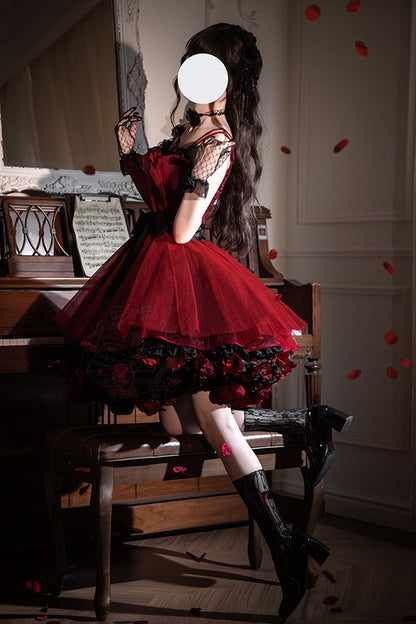 Lolita Dress - Eternal Night Bouquet, Red, Bow Detail, Ruffled, Sweet Style - additional product view 7