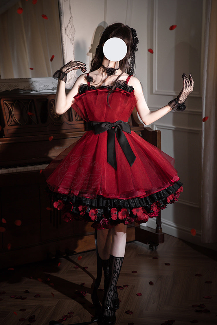 Lolita Dress - Eternal Night Bouquet, Red, Bow Detail, Ruffled, Sweet Style - main product image