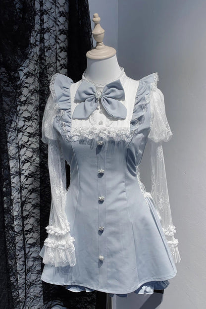 Lolita Dress - Feather Ode, 2 Colors, Stand Collar, Ruffled, Long Sleeves - S Aqua / M Aqua / L Aqua option