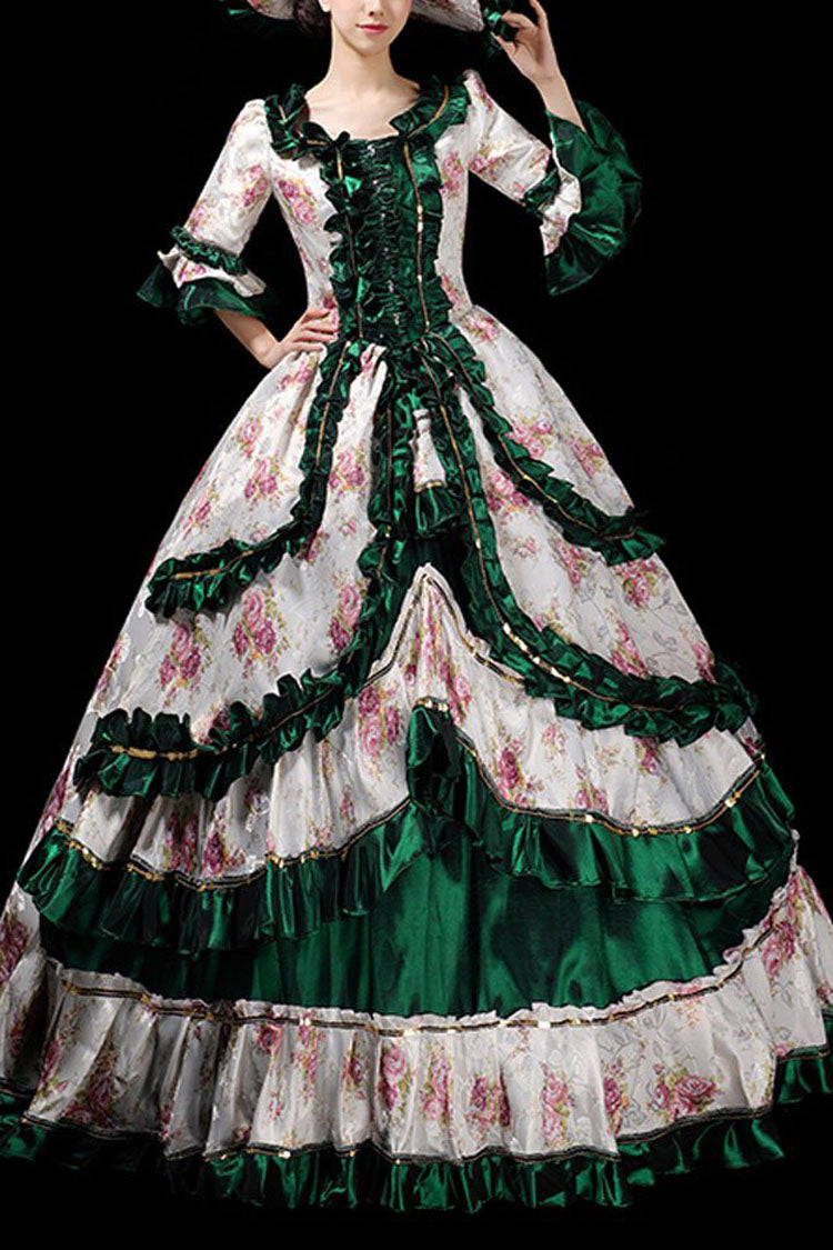 Lolita Dress - Floral Print Half Sleeves, 7 Colors, Ruffled, Printed, Victorian Style - S Dark Green / M Dark Green / L Dark Green option