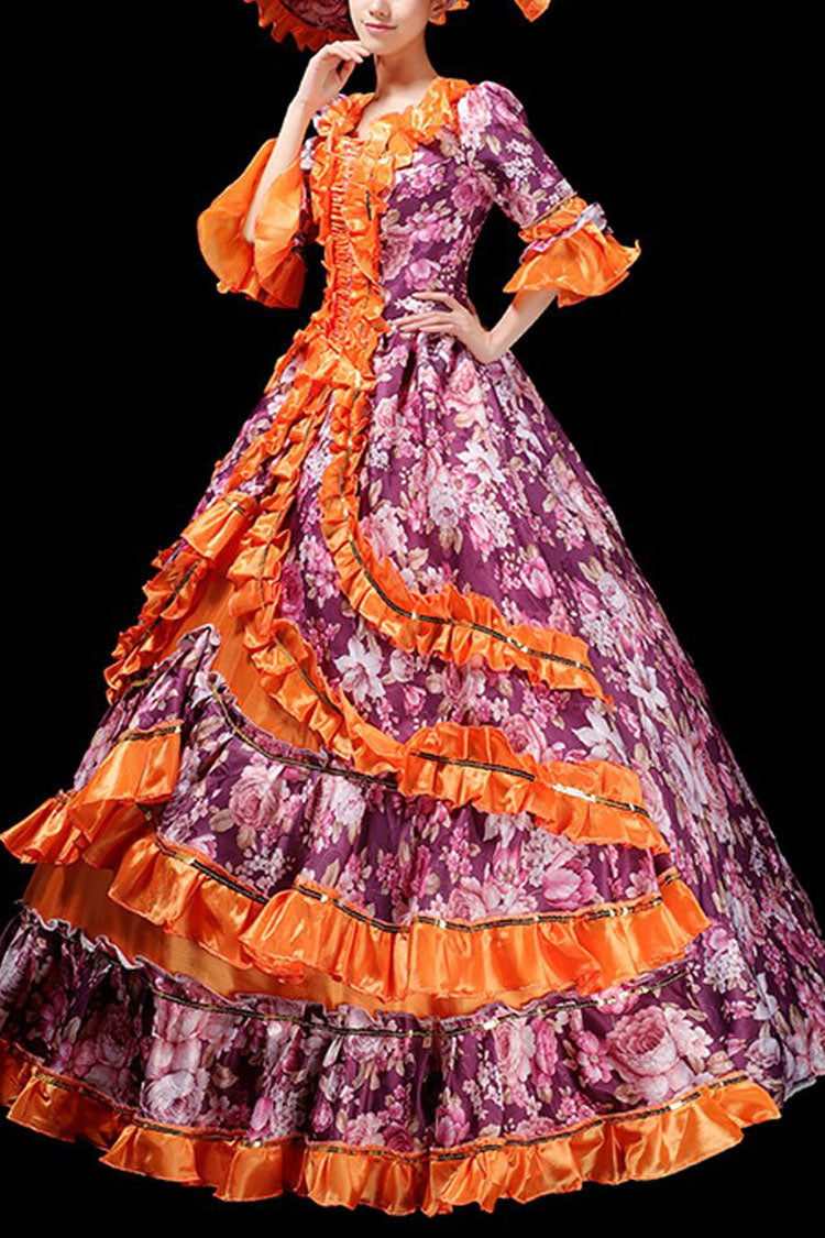 Lolita Dress - Floral Print Half Sleeves, 7 Colors, Ruffled, Printed, Victorian Style - S Orange / M Orange / L Orange option