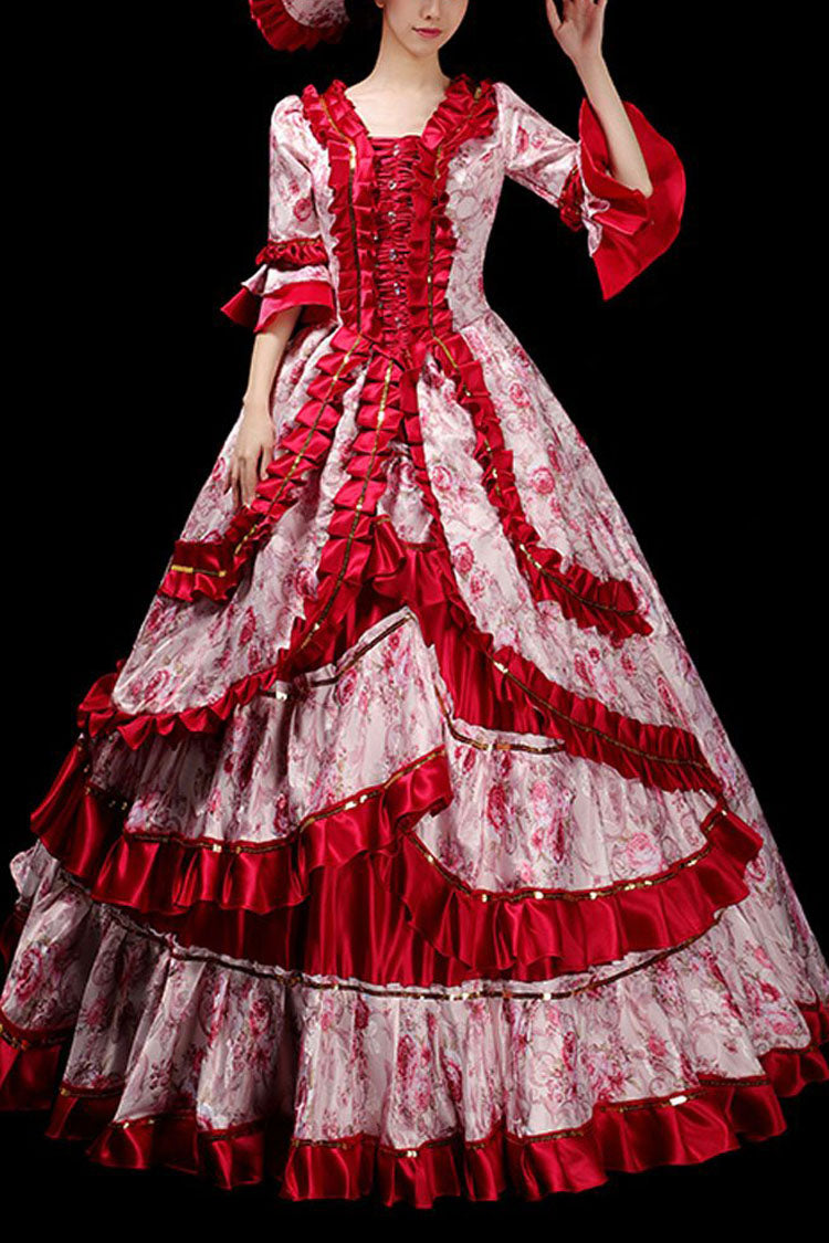 Lolita Dress - Floral Print Half Sleeves, 7 Colors, Ruffled, Printed, Victorian Style - S Wine / M Wine / L Wine option