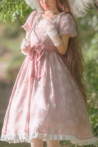 Lolita Dress - Floral Print Plaid Pattern, Pink, Plaid, Printed, Sweet Style - S pink / M pink / L pink option