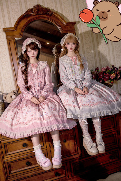 Lolita Dress - Floralprinted Ruffled Bow Plus, 2 Colors, Plus Size, Long Sleeves - additional product view 2