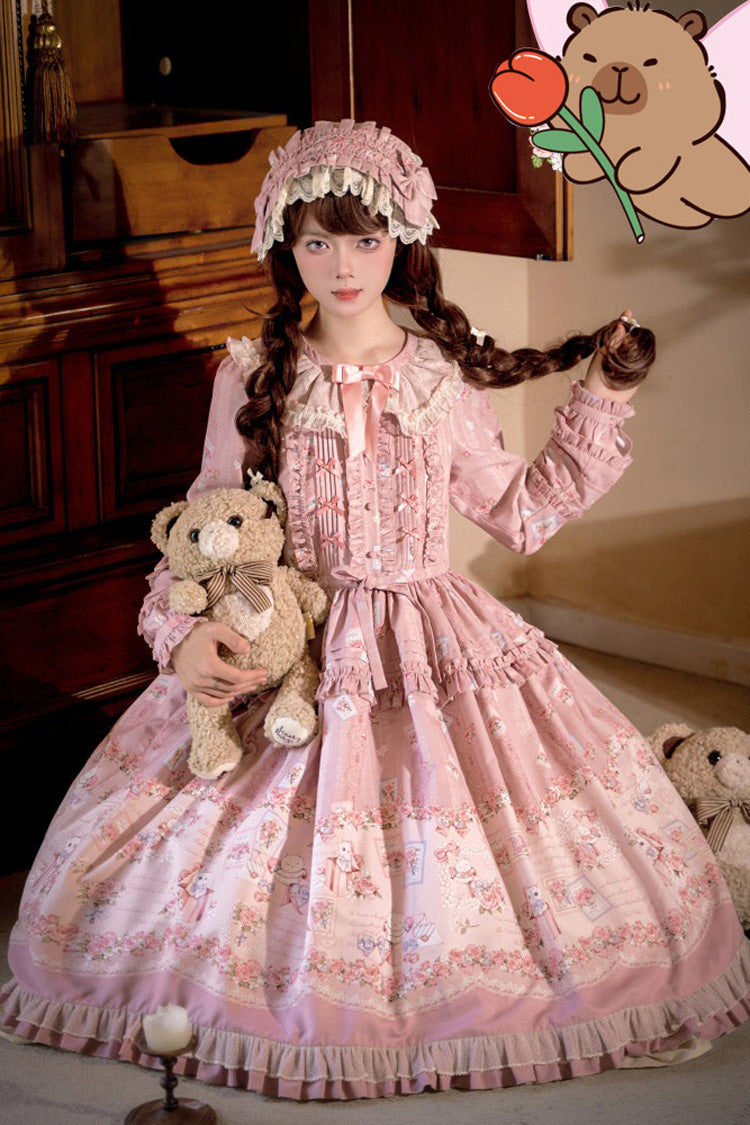 Lolita Dress - Floralprinted Ruffled Bow Plus, 2 Colors, Plus Size, Long Sleeves - L Pink / XL Pink / 2XL Pink option