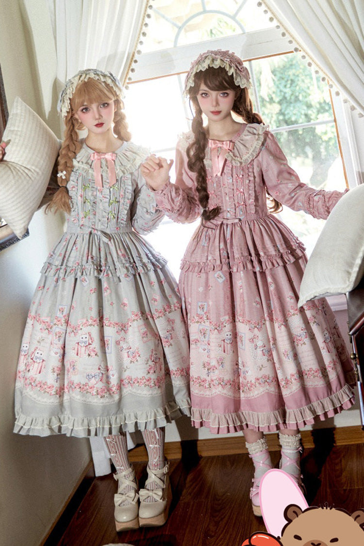 Lolita Dress - Floralprinted Ruffled Bow Plus, 2 Colors, Plus Size, Long Sleeves - main product image