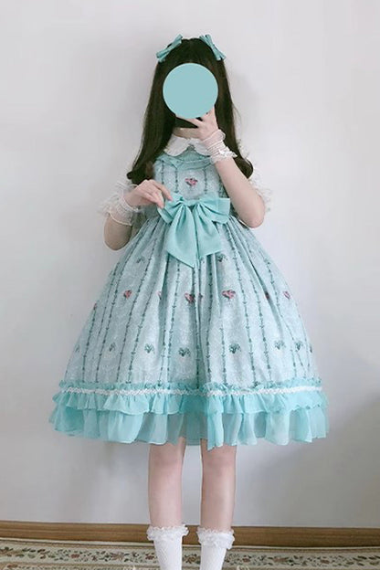 Lolita Dress - Flower Wall Print, 2 Colors, Printed, Sweet Style, Bow Detail - additional product view 2