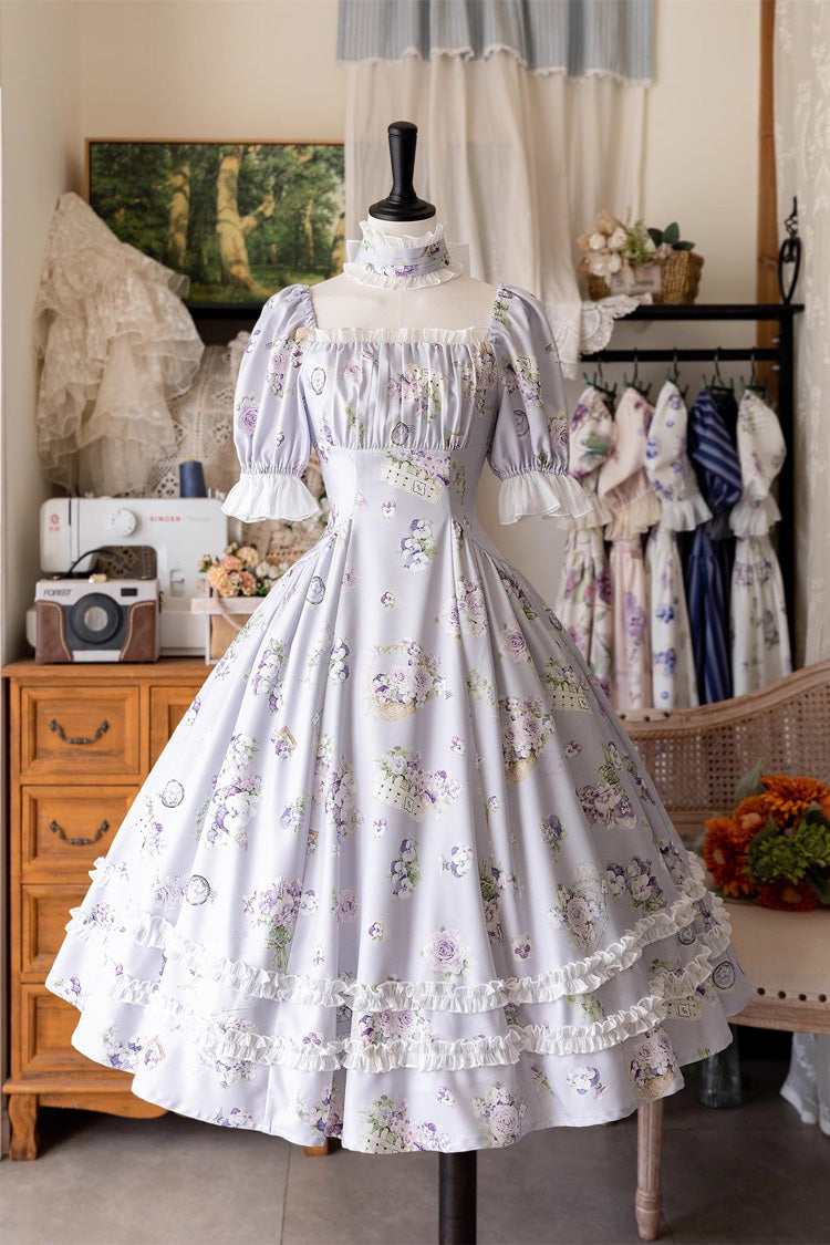 Lolita Dress - Forest Basket, 6 Colors, Lace Trim, Ruffled, Printed - S Blue-Horned-Pansy / M Blue-Horned-Pansy / L Blue-Horned-Pansy option