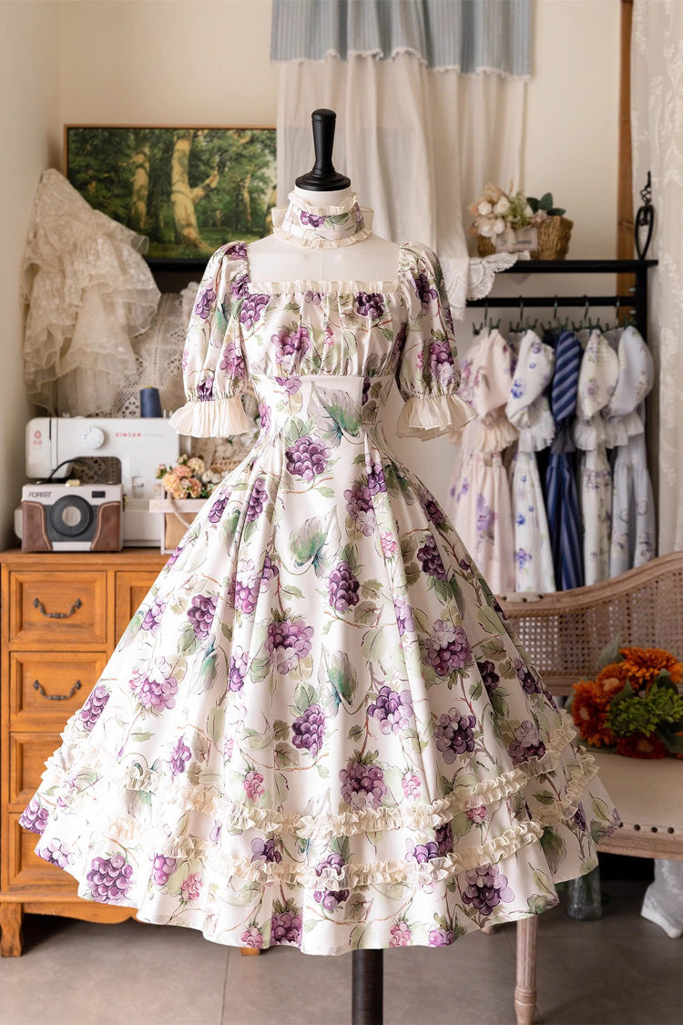Lolita Dress - Forest Basket, 6 Colors, Lace Trim, Ruffled, Printed - S Grape / M Grape / L Grape option