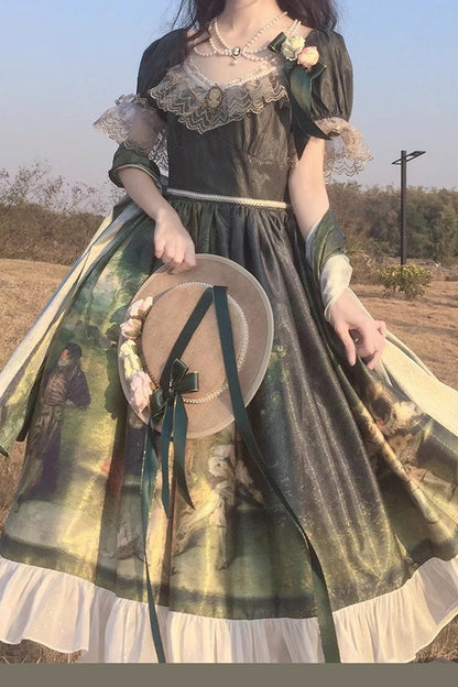Lolita Dress - Forest Dance Print Ruffle, Green, Ruffled, Printed, Sweet Style - main product image