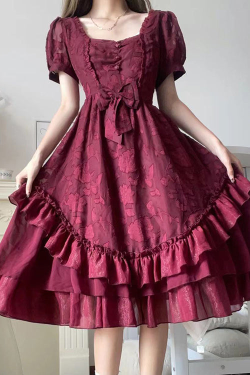 Lolita Dress - French Elegant Print Multi-layer, 2 Colors, Classic Style, Ruffled, Printed - additional product view 2