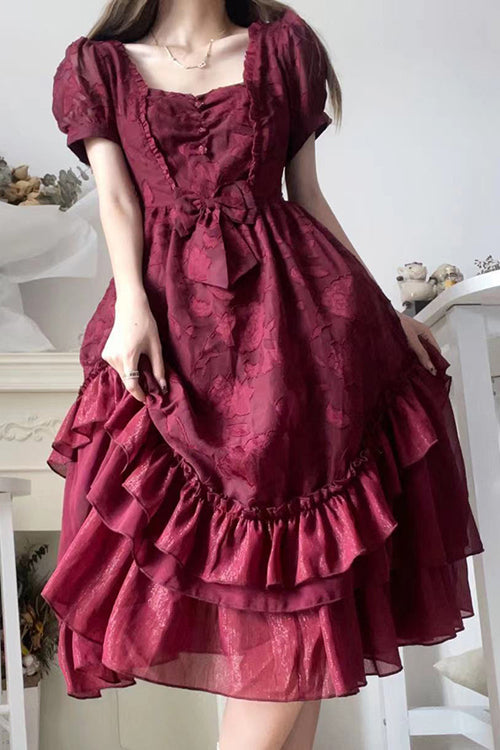 Lolita Dress - French Elegant Print Multi-layer, 2 Colors, Classic Style, Ruffled, Printed - additional product view 3