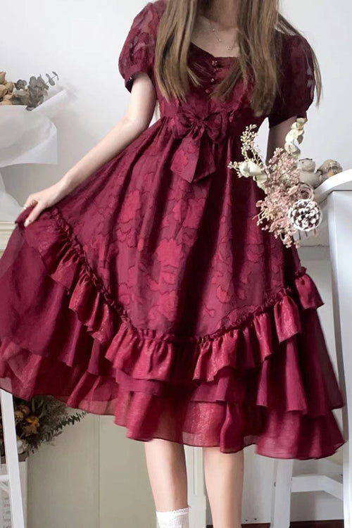 Lolita Dress - French Elegant Print Multi-layer, 2 Colors, Classic Style, Ruffled, Printed - main product image