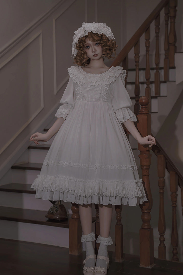 Lolita Dress - Good Morning, White, Lace-Up, Gothic Style, Bow Detail - main product image