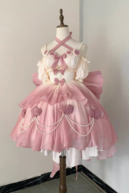 Lolita Dress - Gradient Pink Hanayome Hollow, Pink, Detachable Detail, Bow Detail - additional product view 4