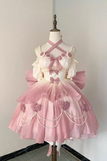 Lolita Dress - Gradient Pink Hanayome Hollow, Pink, Detachable Detail, Bow Detail - main product image
