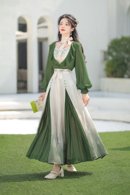 Lolita Dress - Green/white Dance Igh Waisted, 2 Colors, Bow Detail, Chinese-Inspired Style - additional product view 2