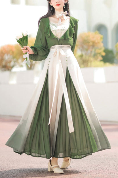 Lolita Dress - Green/white Dance Igh Waisted, 2 Colors, Bow Detail, Chinese-Inspired Style - main product image