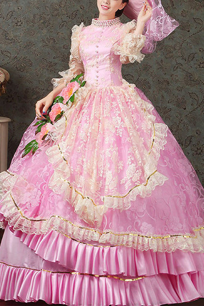 Lolita Dress - Half Sleeves, Pink, High Waist, Ruffled, Printed - main product image