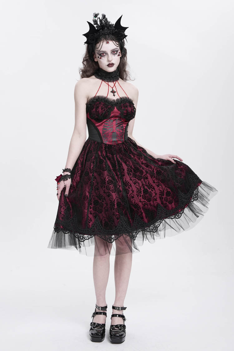 Lolita Dress - Halterneck Skeleton Print, Red, Women's Style, Printed, Embroidered - additional product view 2