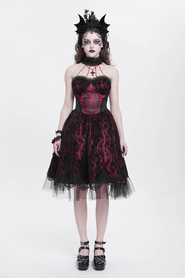 Lolita Dress - Halterneck Skeleton Print, Red, Women's Style, Printed, Embroidered - additional product view 5