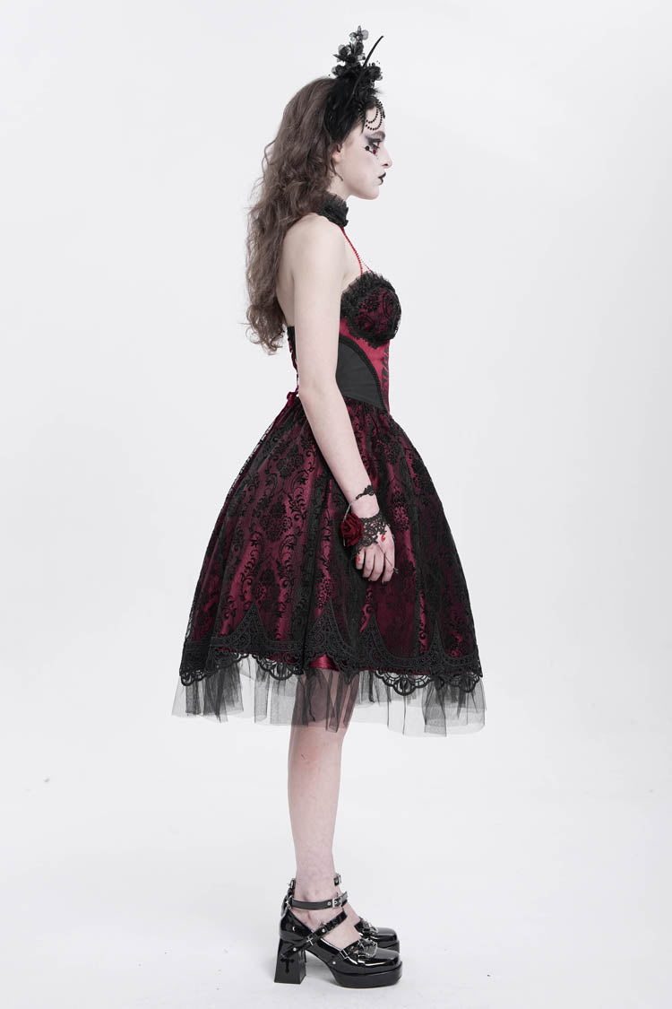 Lolita Dress - Halterneck Skeleton Print, Red, Women's Style, Printed, Embroidered - additional product view 6