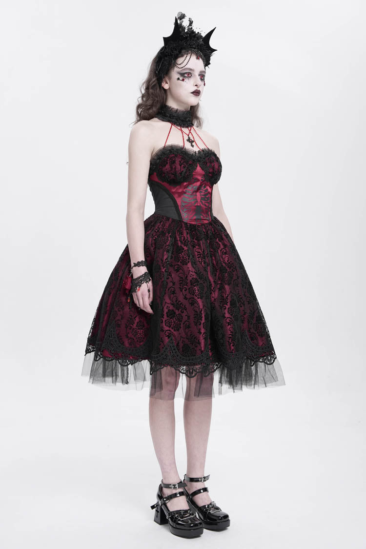 Lolita Dress - Halterneck Skeleton Print, Red, Women's Style, Printed, Embroidered - additional product view 7