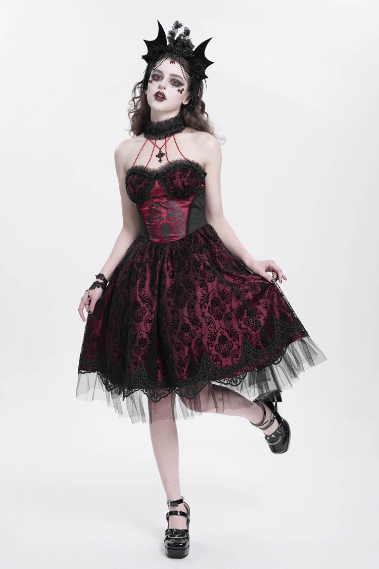 Lolita Dress - Halterneck Skeleton Print, Red, Women's Style, Printed, Embroidered - additional product view 8