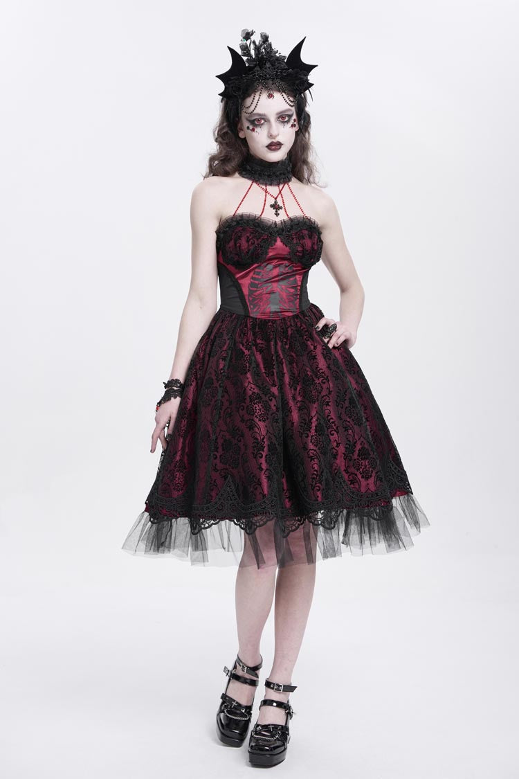 Lolita Dress - Halterneck Skeleton Print, Red, Women's Style, Printed, Embroidered - additional product view 9