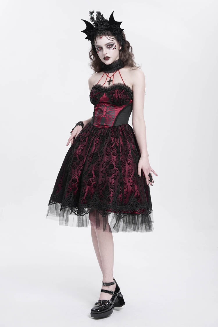 Lolita Dress - Halterneck Skeleton Print, Red, Women's Style, Printed, Embroidered - additional product view 10
