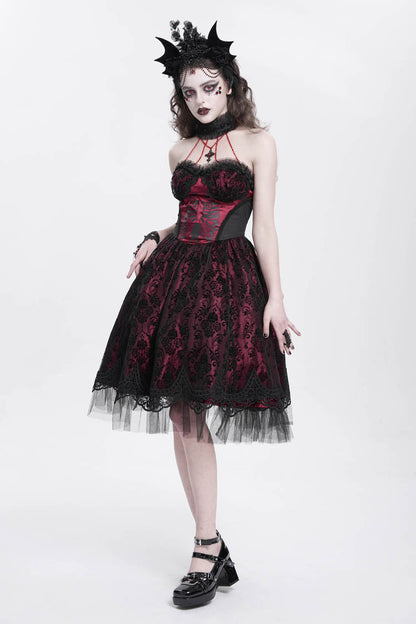 Lolita Dress - Halterneck Skeleton Print, Red, Women's Style, Printed, Embroidered - additional product view 10