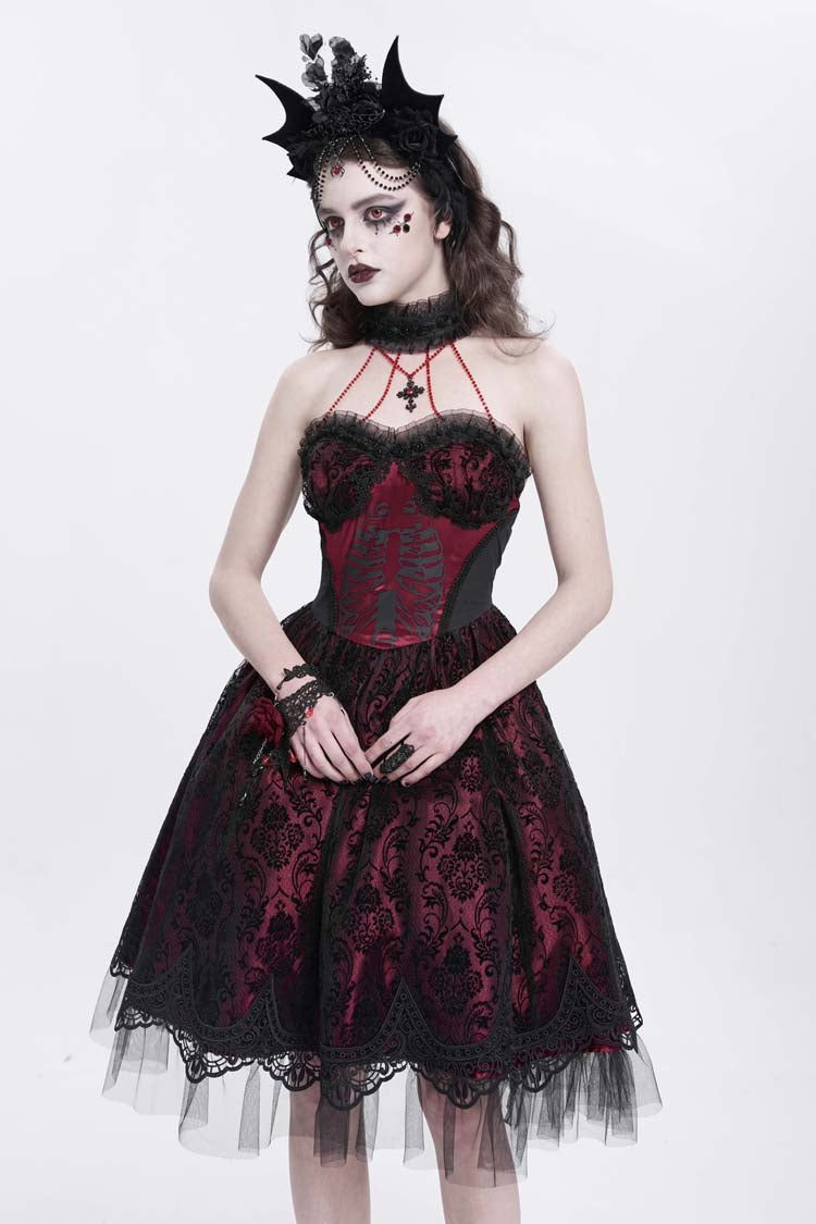 Lolita Dress - Halterneck Skeleton Print, Red, Women's Style, Printed, Embroidered - main product image